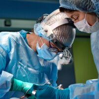 Surgeon performing cosmetic surgery in hospital operating room. Surgeon in mask wearing loupes during medical procadure. Breast augmentation, enlargement, enhancement, Blue background, blue filter