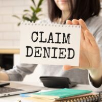 Business woman shows a card with text Claim Denied . Injury claim insurance concept. Business woman shows a card with text Claim Denied . Injury claim insurance concept.